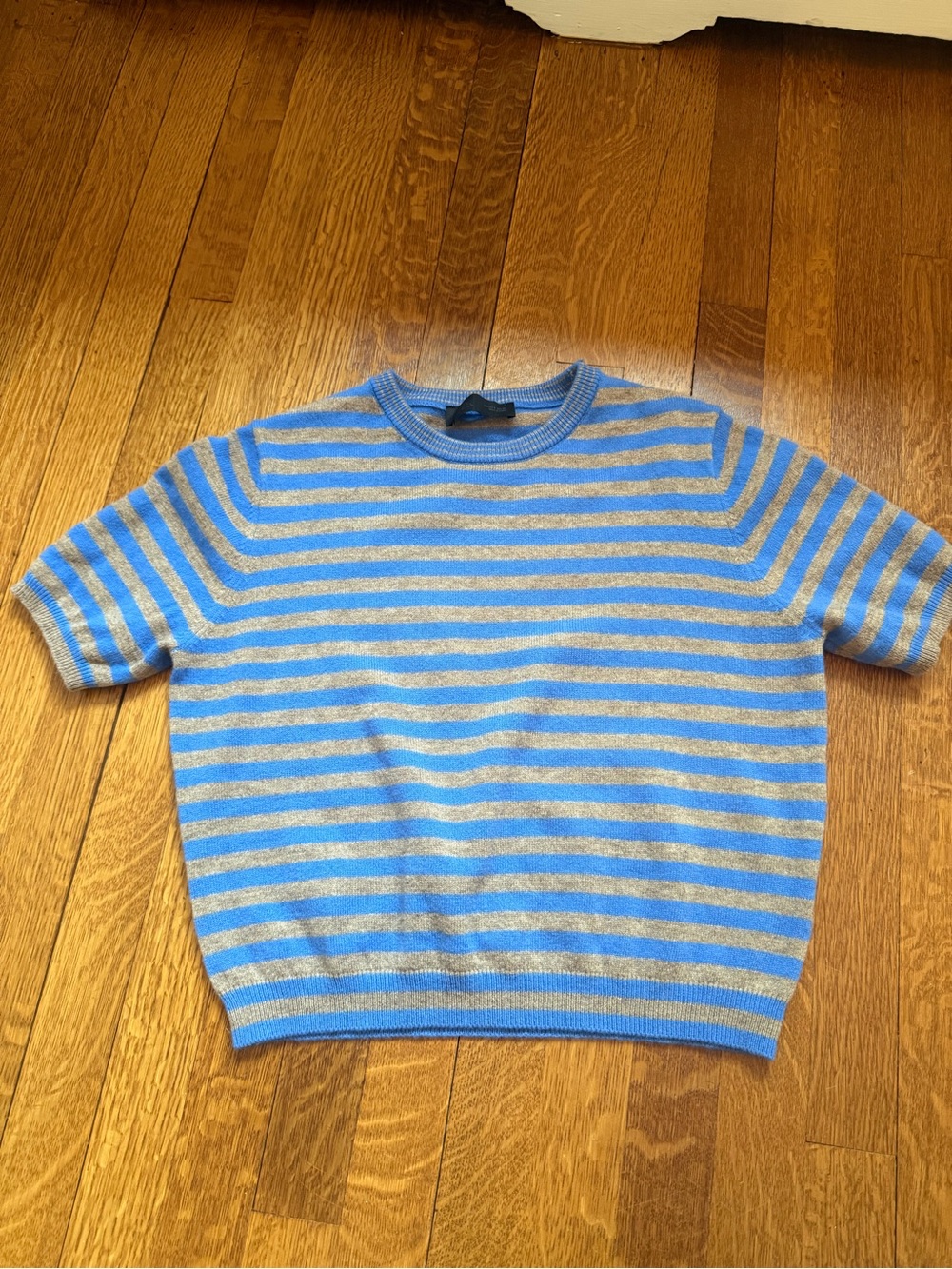 Zara Striped Short-Sleeve Knit Sweater in Blue & Gray